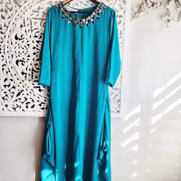 KOOMAL SOOD TEAL MAXI DRESS LONG SLEEVE NECK DETAIL SIZE MEDIUM - Picture 10 of 15